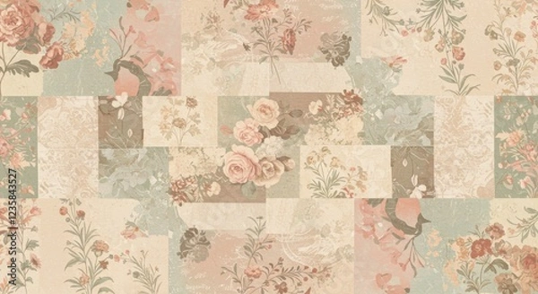 Fototapeta Vintage floral patchwork design featuring various colors and patterns