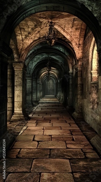 Fototapeta Dark stone corridor, gothic architecture, mysterious atmosphere, game background.
