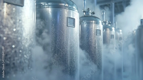 Obraz Row of Dewars Containing Liquid Nitrogen in Frosty Atmosphere