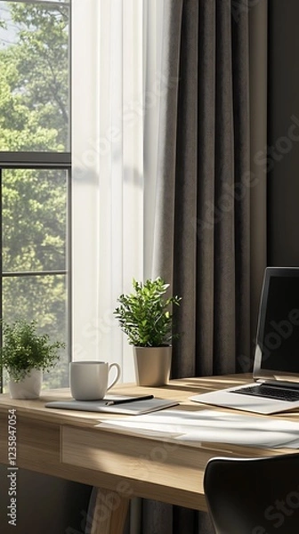 Fototapeta A modern workspace featuring plants, a computer, and a coffee cup by a window.