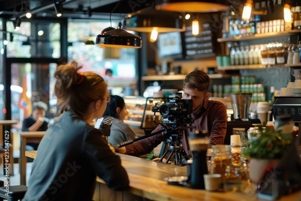 Fototapeta Casual Interview in a Cozy Coffee Shop Setting