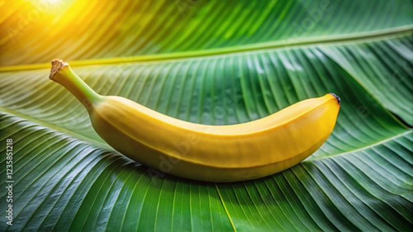 Fototapeta Single ripe banana resting on tropical leaf in sunlight