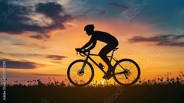 Fototapeta Silhouette of a man cycling with complete safety accessories, sunset background.