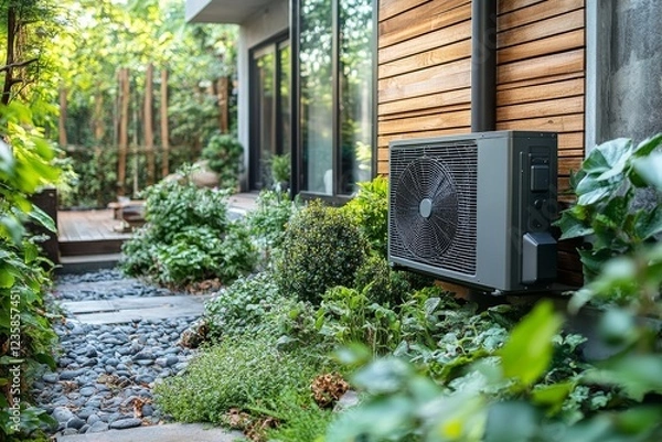 Fototapeta An efficient heat pump installed outdoors next to a modern home. Generative AI