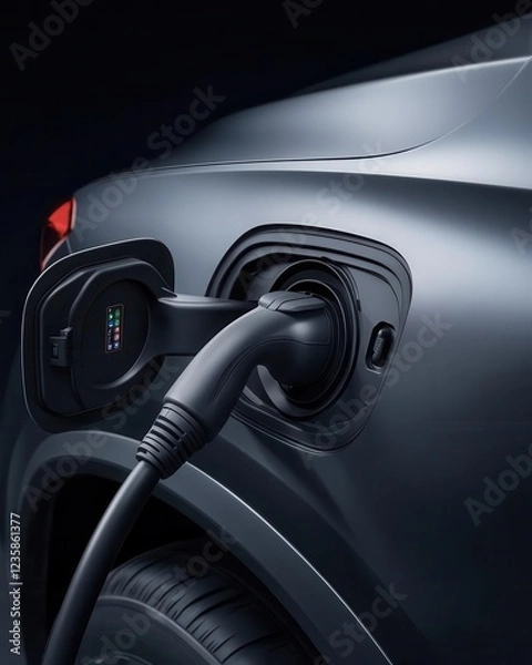 Fototapeta Close-up view of an electric vehicle charging connection, symbolizing the future of sustainable transportation. Parking and charger ev car concept.