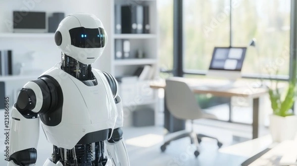 Fototapeta Humanoid robot personal assistant organizing schedules in a sleek home office, efficient home environment with distant view of organized desk and digital devices, Personal Assistant style