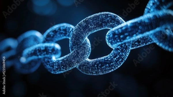 Fototapeta Glowing blue digital chain links suspended in dark space, symbolizing connectivity and technology