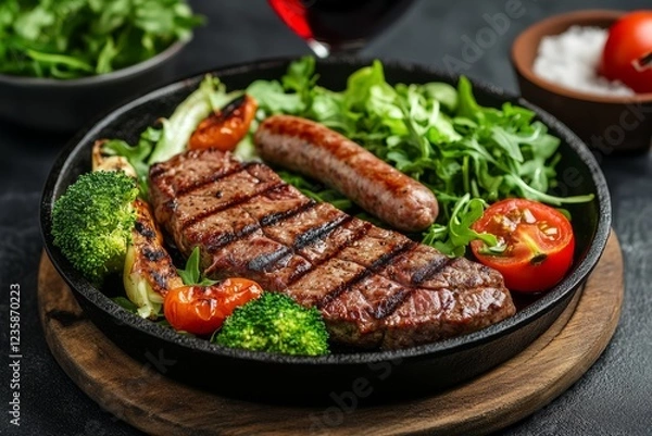 Obraz Grilled steak, sausage, and vegetables on a cast iron skillet.