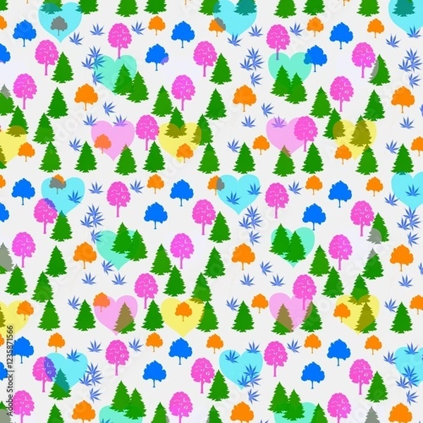 Obraz Seamless Colorful Forest and Heart Pattern