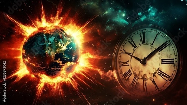 Fototapeta A glowing Earth with bursting cosmic energy and a clock face in the foreground, symbolizing time running out before a planetary disaster.