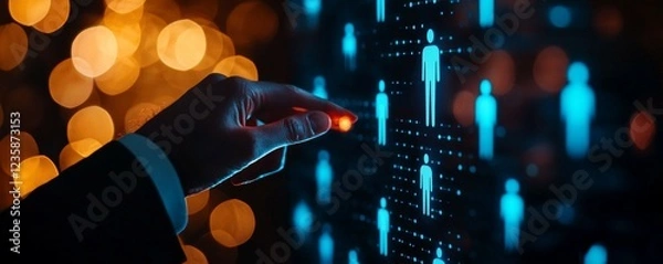 Fototapeta A hand touches a digital interface displaying glowing human figures against a blurred, colorful background, symbolizing technology and connectivity.