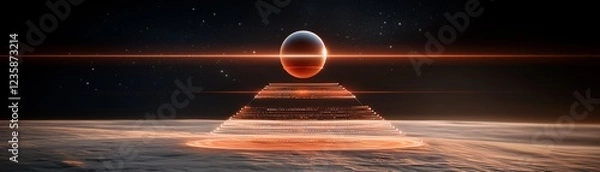 Fototapeta A futuristic landscape featuring a glowing pyramid and a hovering sphere, set against a cosmic backdrop with vibrant colors.