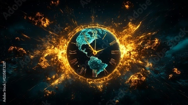 Fototapeta A glowing outline of planet Earth surrounded by cosmic explosions and a clock face, with the continents defined and time rapidly ticking down to impending disaster.