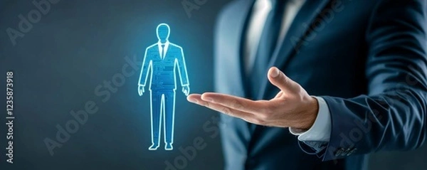 Obraz A business professional presents a holographic figure, symbolizing technology and innovation in a modern corporate environment.