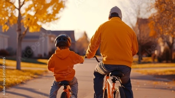 Fototapeta A father and child ride bicycles together in a quiet neighborhood during autumn, surrounded by colorful leaves and warm sunlight.