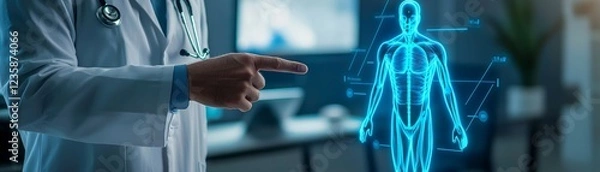 Obraz A doctor interacts with a holographic representation of the human body, showcasing advanced medical technology in a modern healthcare setting.