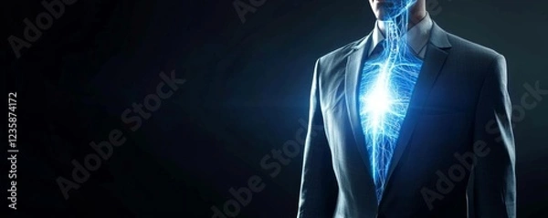 Fototapeta A man in a suit with a glowing, blue, digital heart visible through his chest, symbolizing technology and human connection.