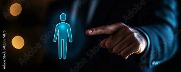 Fototapeta A hand points towards a holographic figure, blending technology with human representation in a modern, digital setting.