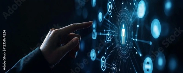 Fototapeta A hand interacts with a digital interface displaying interconnected symbols, representing technology, data, and connectivity in a futuristic setting.