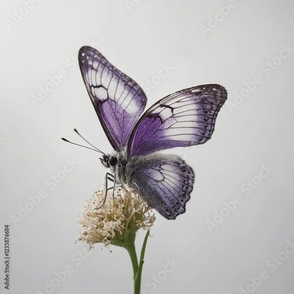 Fototapeta A butterfly with delicate violet wings with white highlights, floating against a white background.