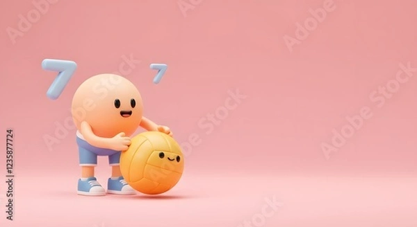 Obraz Cute 3d Character Holding a Volleyball on Pink Background