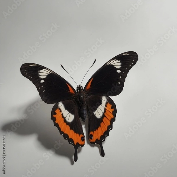 Fototapeta A butterfly with bold black wings and a hint of orange, standing out against a white canvas.