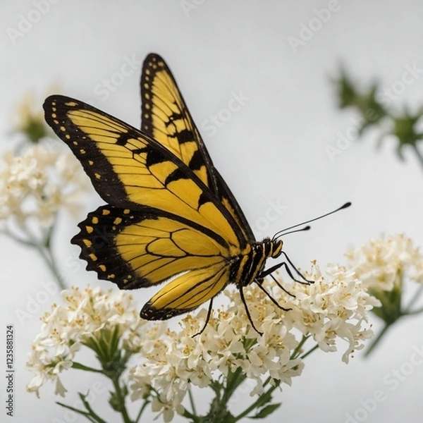 Fototapeta A butterfly with gentle yellow wings highlighted with touches of black, soaring on a white background.