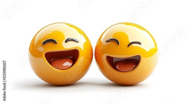 Fototapeta Two laughing emoji, 3D render, white background, digital art, possible use for social media