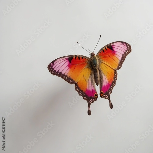 Fototapeta A butterfly with colorful gradient wings of pink, yellow, and orange on a crisp white background.