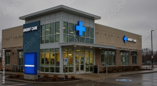 Fototapeta Modern urgent care facility with blue cross signage, cloudy sky in background
