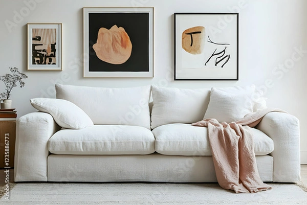Fototapeta Cinematic photograph of an elegant white sofa in front of posters 