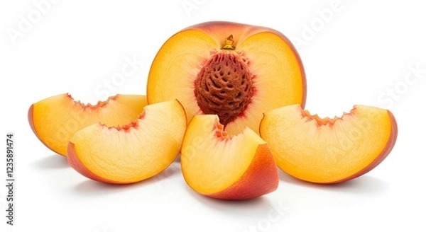 Obraz Juicy Slices of Fresh Peach Fruit Halved and Sliced Isolated on White Background