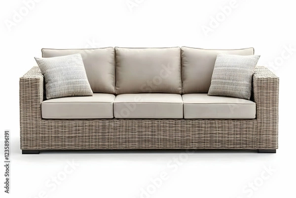 Fototapeta A beige, outdoor three-seater sofa made of rattan, front view with a white background,