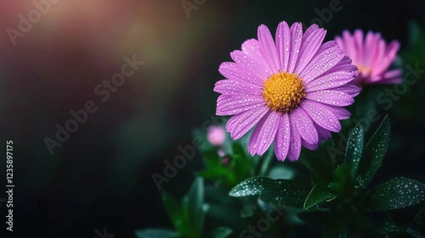 Fototapeta A close-up of vibrant pink flowers with yellow centers, surrounded by lush green leaves, set against a soft, blurred background.
