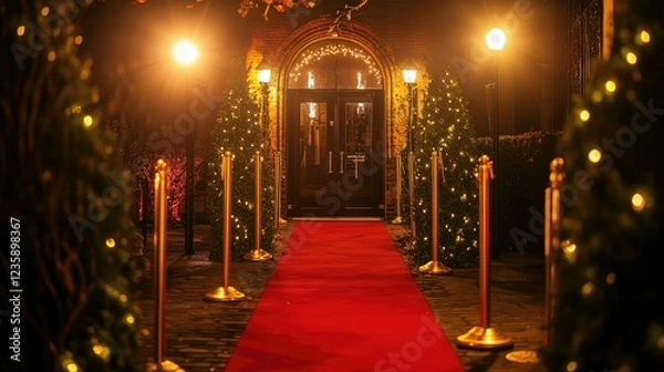 Fototapeta Elegant entrance with a red carpet and festive lights, creating a luxurious atmosphere for a special event or celebration during nighttime illumination