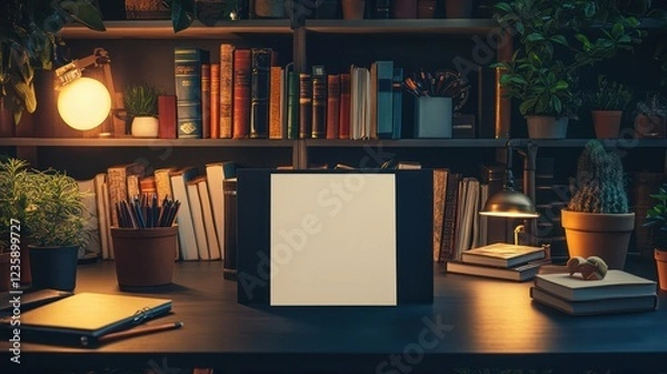 Fototapeta Cozy Home Office Setup with Bookshelves and Blank Frame