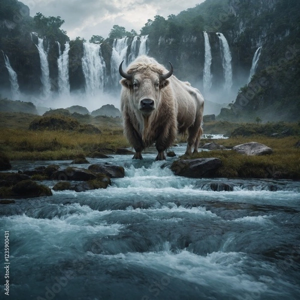 Fototapeta A mystical white buffalo in a dreamlike landscape of floating islands and waterfalls.