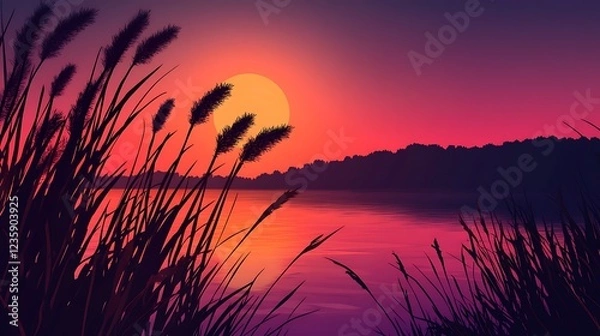 Obraz Sunset over tranquil lake with reeds