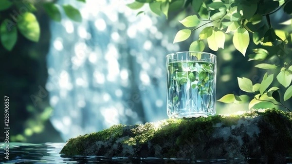 Obraz Glass of water by waterfall, nature background, pure refreshment