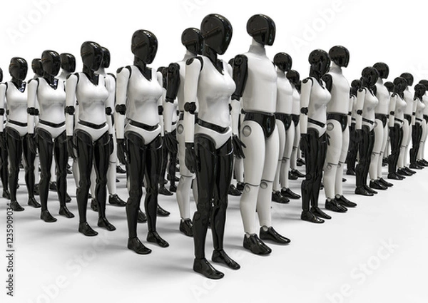 Fototapeta 3D rendering representing a group of humanoid robots waiting to be delivered