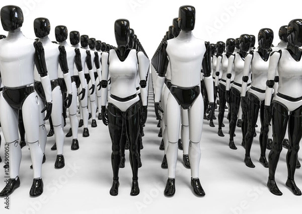 Fototapeta 3D rendering representing a group of humanoid robots waiting to be delivered
