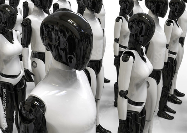 Fototapeta 3D rendering representing a group of humanoid robots waiting to be delivered