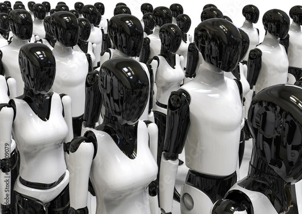 Fototapeta 3D rendering representing a group of humanoid robots waiting to be delivered
