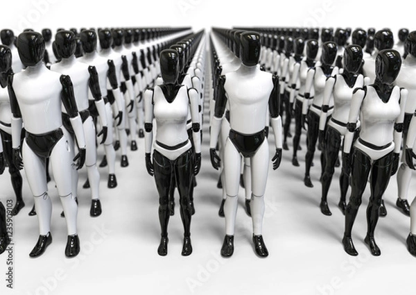 Fototapeta 3D rendering representing a group of humanoid robots waiting to be delivered