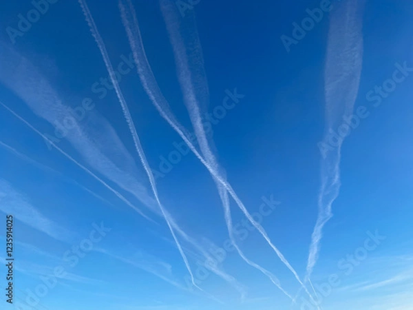 Obraz contrails from an airplane in the blue sky, geoengineering