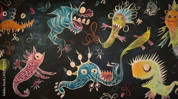 Fototapeta Vibrant and whimsical showcasing a variety of bizarre and imaginative underwater creatures in a surreal cartoon like fantasy setting