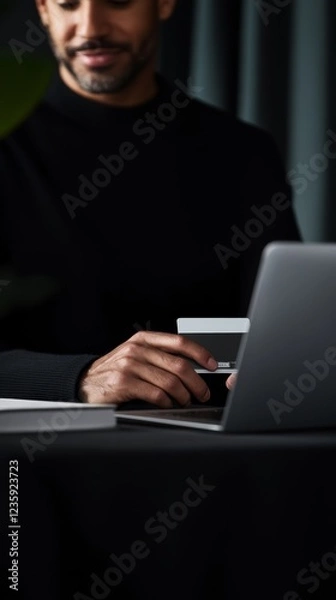 Fototapeta Man using credit card for online shopping at desk in dimly lit room during evening