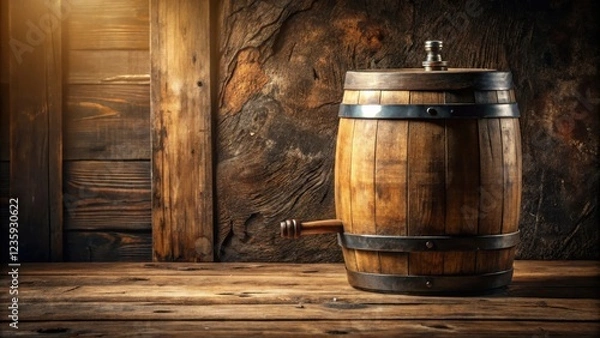 Fototapeta A weathered wooden barrel with metal bands sits on a rustic plank surface, surrounded by aged wooden walls, creating a timeless, rustic setting.