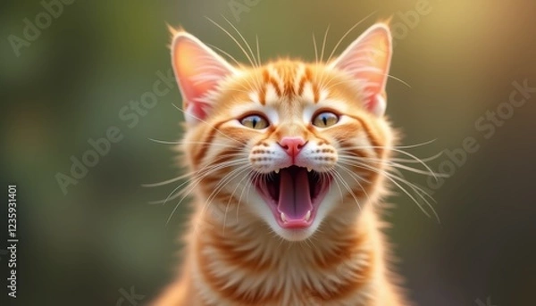 Fototapeta Ginger kitty smiling with a funny expression, Beautiful animal with a unique look.