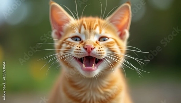 Fototapeta Ginger kitty smiling with a funny expression, Perfect pet for a loving family.